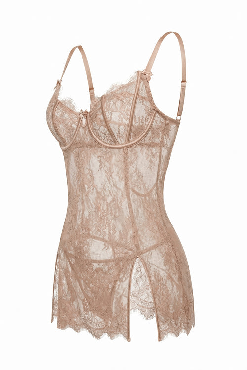 The ADORE chemise bodysuit features premium eyelash lace, nude-rose floral patterns, and feminine side slits. 