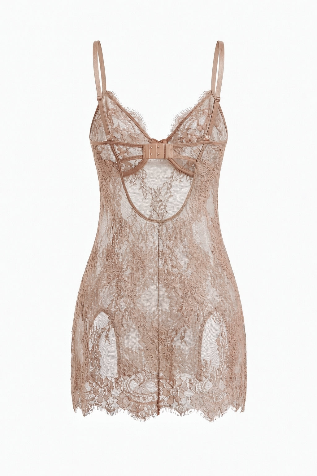 The ADORE chemise bodysuit features premium eyelash lace, nude-rose floral patterns, and feminine side slits. 