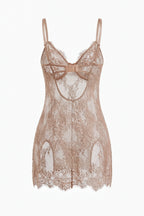 The ADORE chemise bodysuit features premium eyelash lace, nude-rose floral patterns, and feminine side slits. 