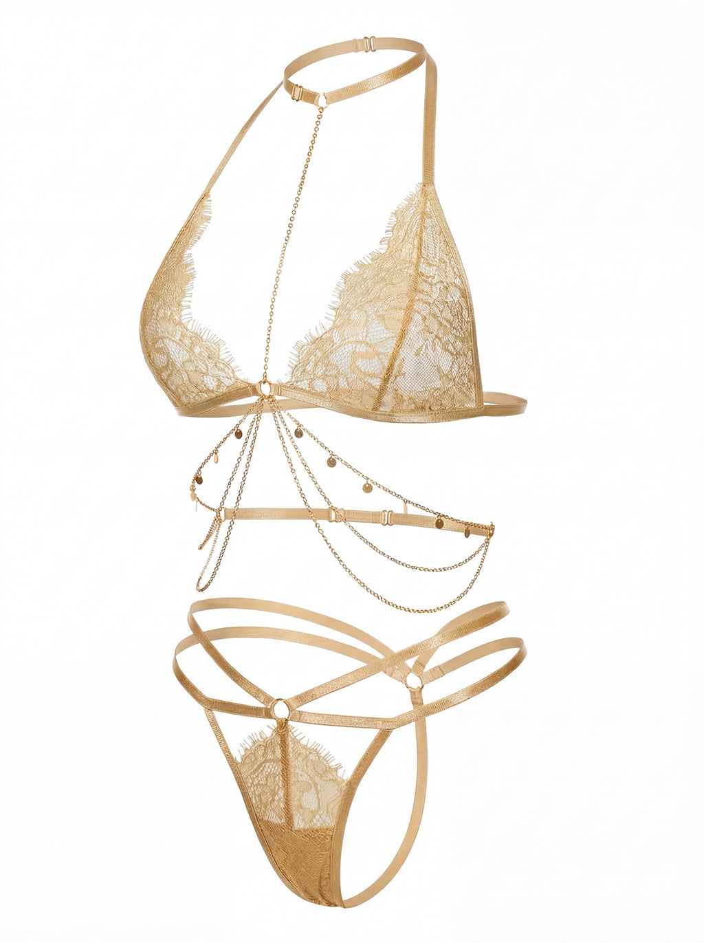 Velvet Fluxe Aurelia champagne gold eyelash lace lingerie set with integrated gold body chain and charms.