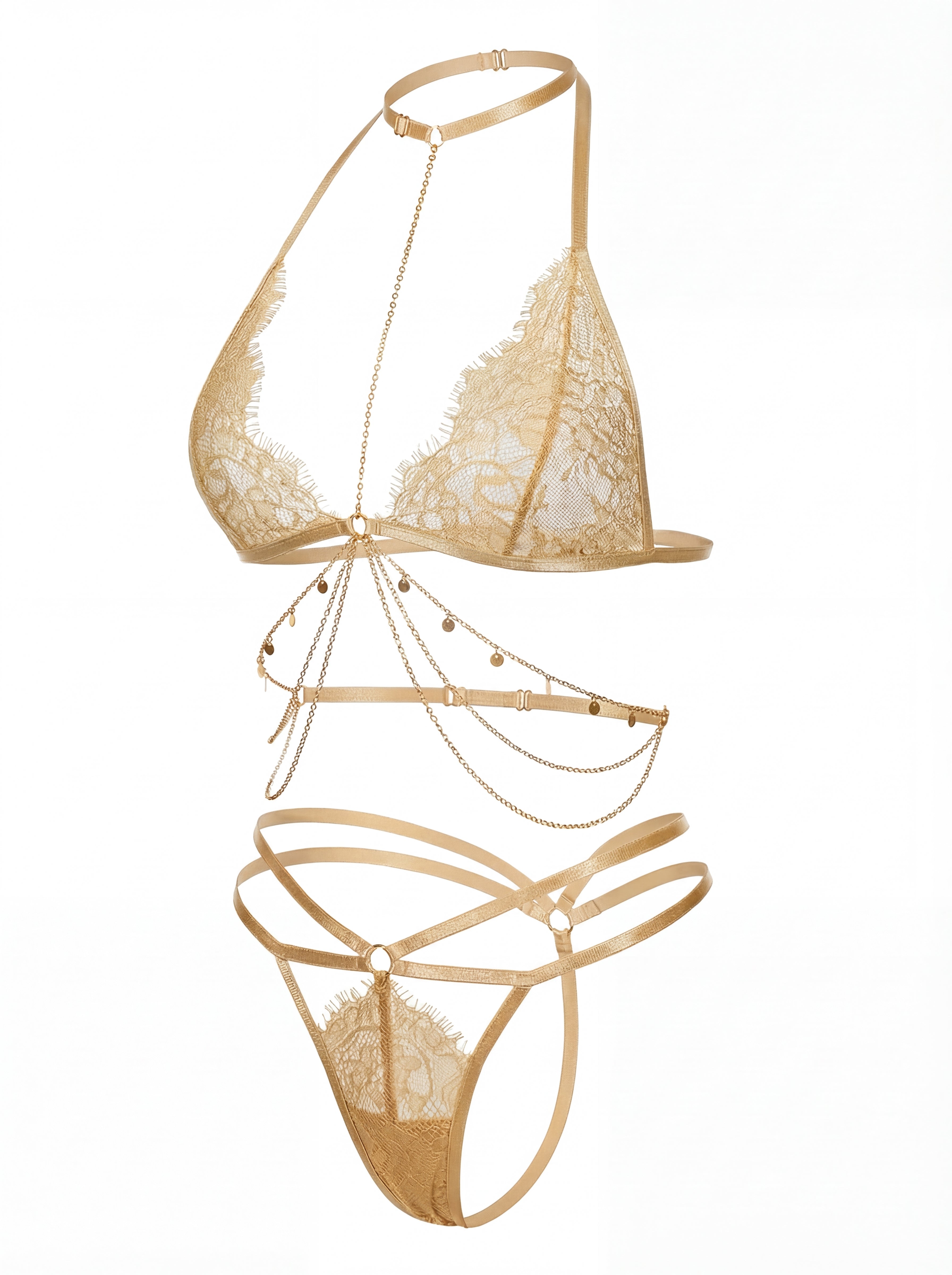 Velvet Fluxe Aurelia champagne gold eyelash lace lingerie set with integrated gold body chain and charms.