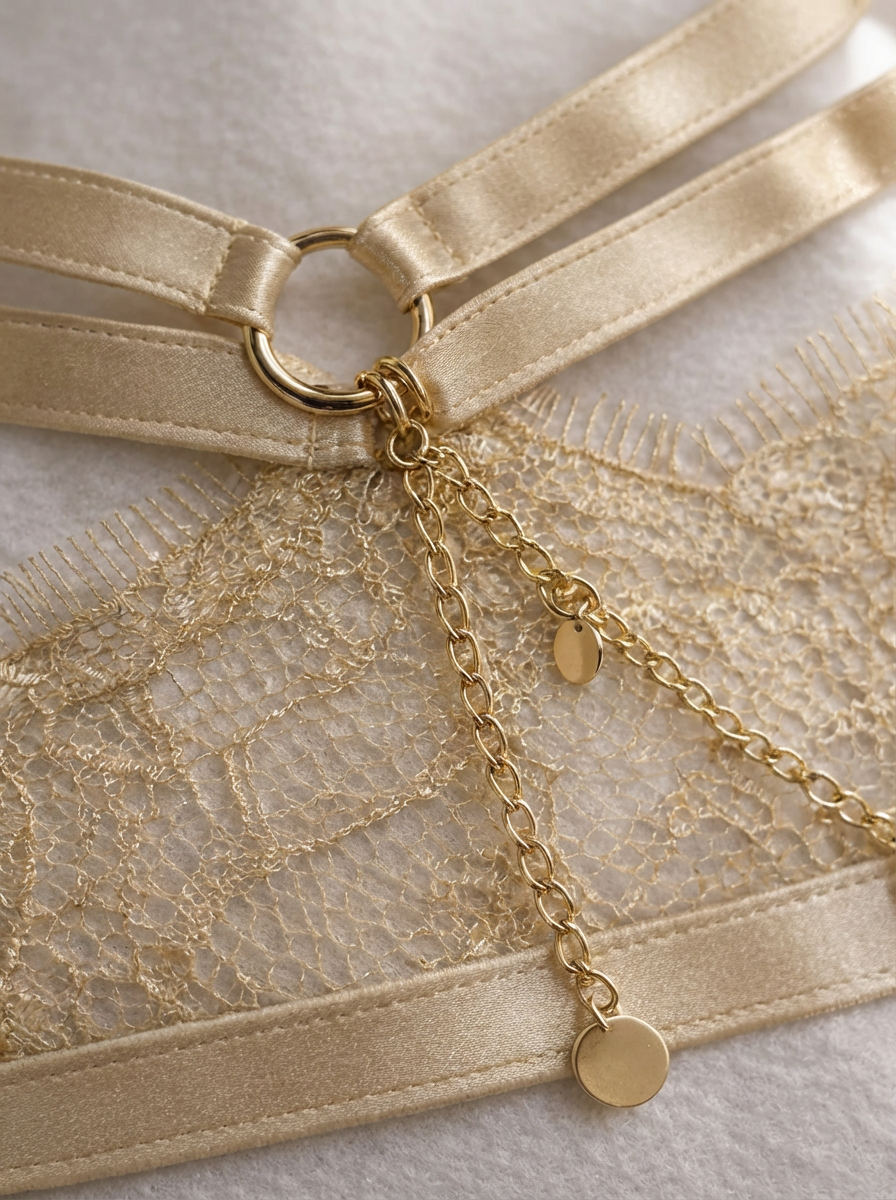 Velvet Fluxe Aurelia champagne gold eyelash lace lingerie set with integrated gold body chain and charms.