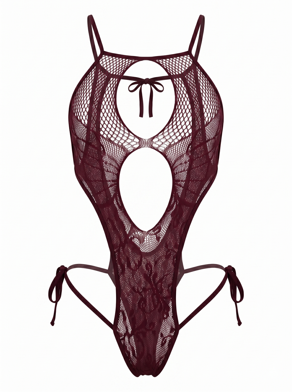 Front view of the Velvet Fluxe burgundy fishnet and lace cut-out bodysuit. Features a halter neck, dramatic front keyholes, and adjustable tie-sides. Perfect dark romance lingerie for boudoir photography.