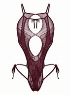 Front view of the Velvet Fluxe burgundy fishnet and lace cut-out bodysuit. Features a halter neck, dramatic front keyholes, and adjustable tie-sides. Perfect dark romance lingerie for boudoir photography.