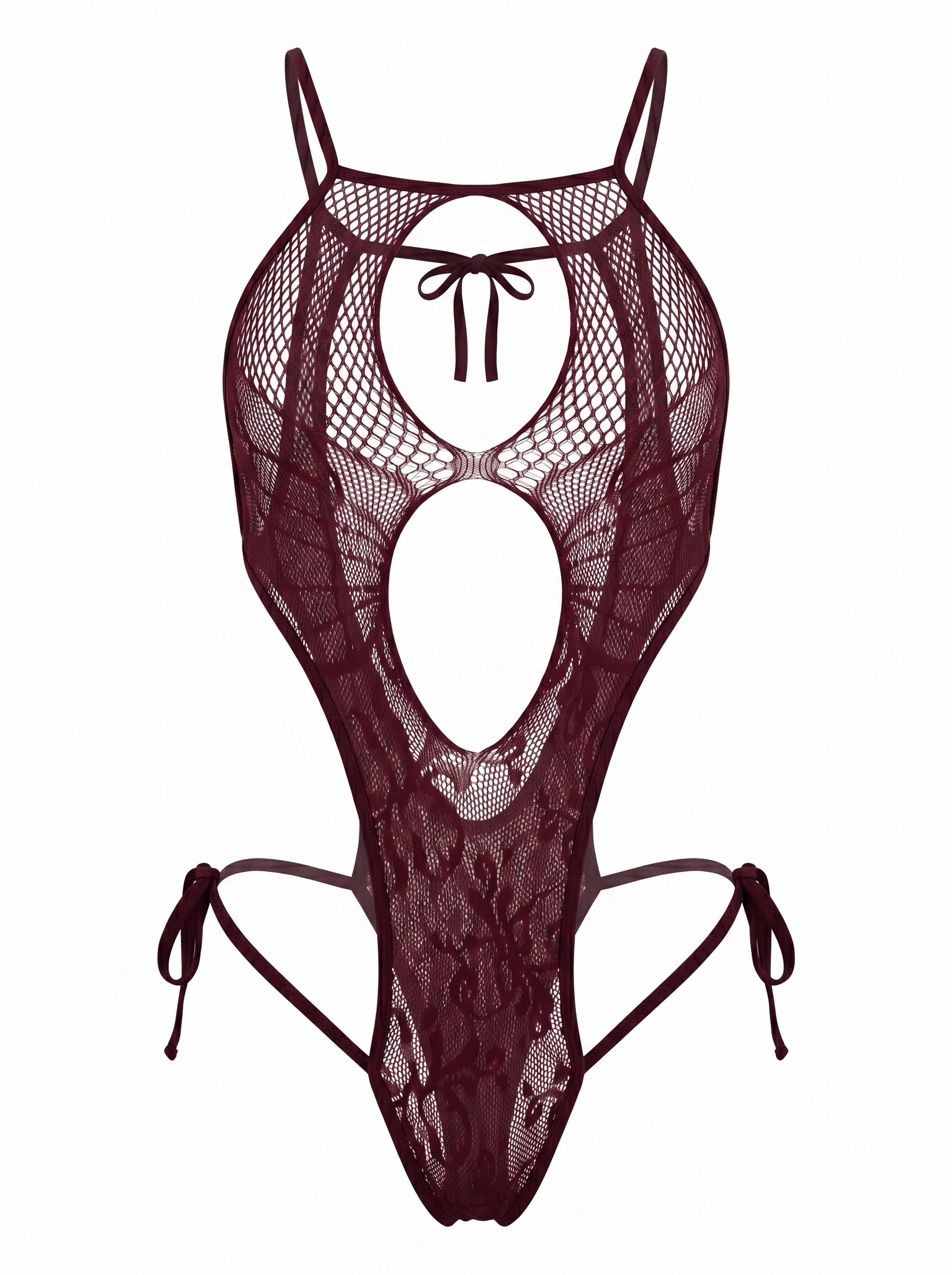 Front view of the Velvet Fluxe burgundy fishnet and lace cut-out bodysuit. Features a halter neck, dramatic front keyholes, and adjustable tie-sides. Perfect dark romance lingerie for boudoir photography.