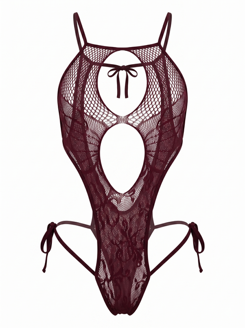 Front view of the Velvet Fluxe burgundy fishnet and lace cut-out bodysuit. Features a halter neck, dramatic front keyholes, and adjustable tie-sides. Perfect dark romance lingerie for boudoir photography.