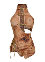 Velvet Fluxe Butterfly silk cheongsam bodysuit with gold frog buttons and side cut-outs, modern Chinoiserie style.
