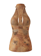 Velvet Fluxe Butterfly silk cheongsam bodysuit with gold frog buttons and side cut-outs, modern Chinoiserie style.