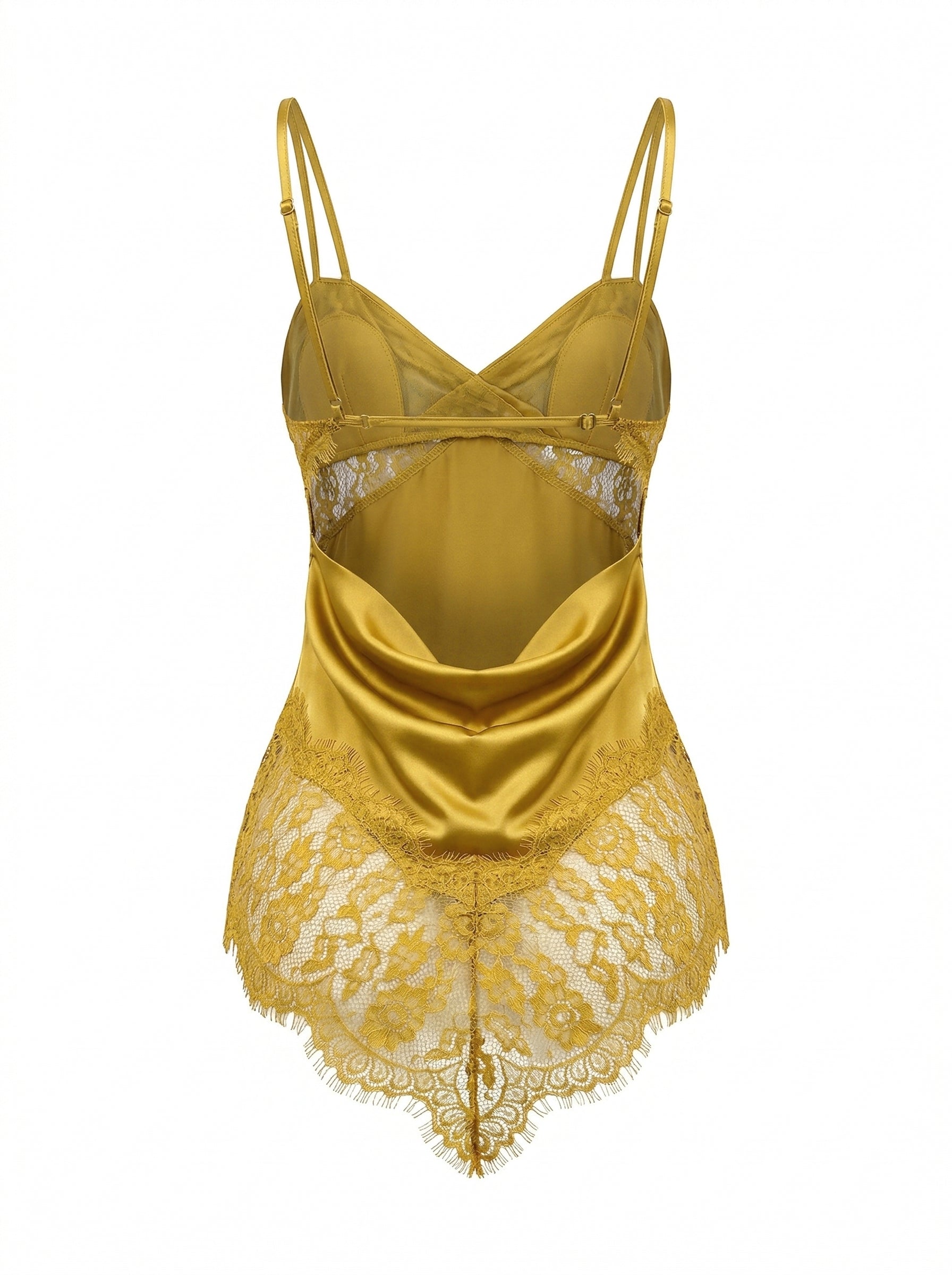 Velvet Fluxe Cleo liquid gold satin slip dress with delicate straps, luxury champagne silk nightwear and evening slip.