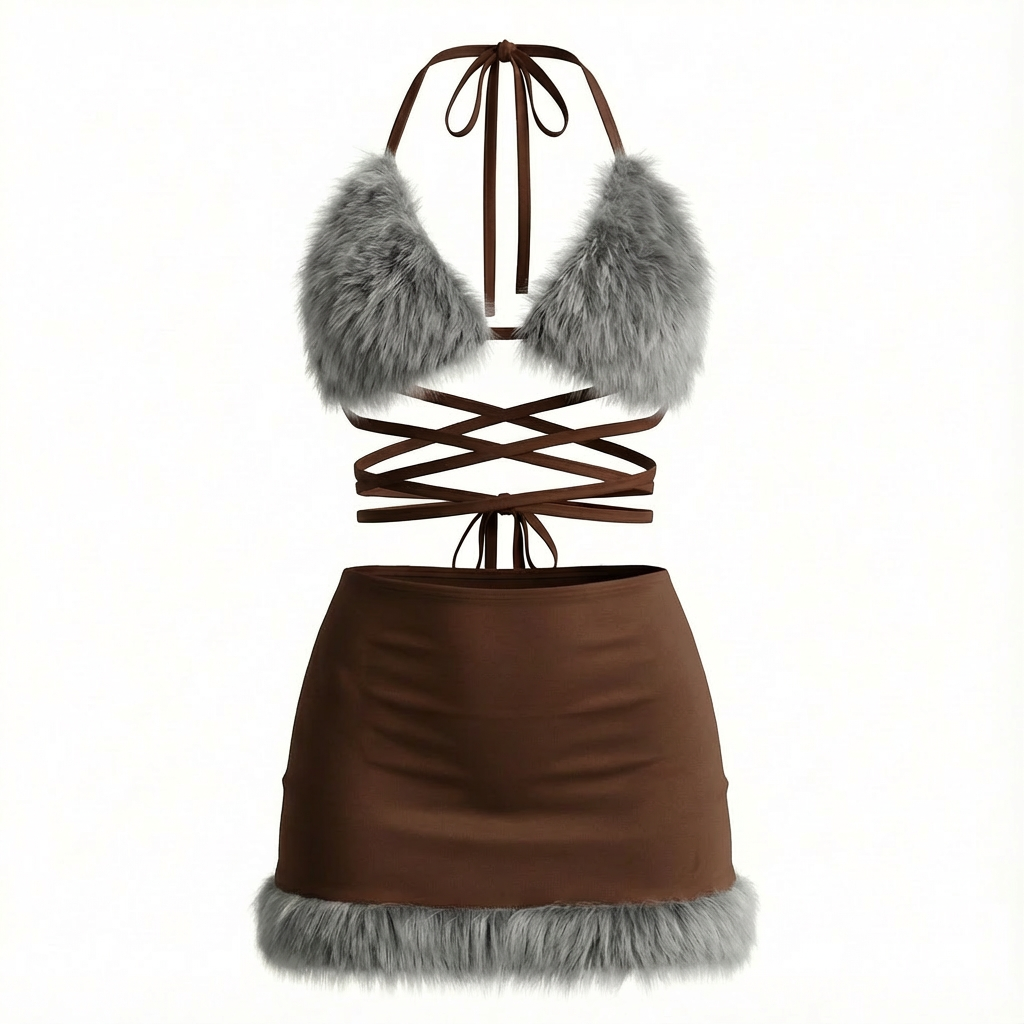 Velvet Fluxe Ebony grey faux fur trimmed lingerie set with chocolate brown strappy ties, Y2K aesthetic winter intimates.