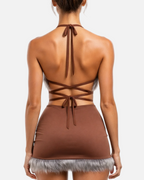 Velvet Fluxe Ebony grey faux fur trimmed lingerie set with chocolate brown strappy ties, Y2K aesthetic winter intimates.