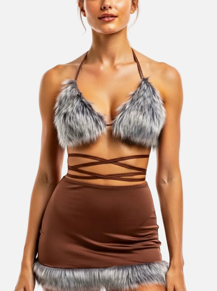Velvet Fluxe Ebony grey faux fur trimmed lingerie set with chocolate brown strappy ties, Y2K aesthetic winter intimates.