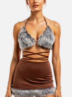 Velvet Fluxe Ebony grey faux fur trimmed lingerie set with chocolate brown strappy ties, Y2K aesthetic winter intimates.