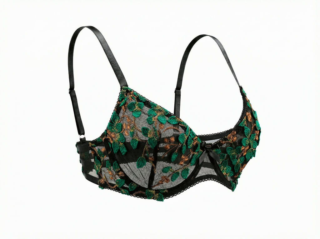 Velvet Fluxe Emerald Muse forest green floral embroidered lingerie set with sheer mesh and underwire support.