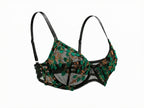 Velvet Fluxe Emerald Muse forest green floral embroidered lingerie set with sheer mesh and underwire support.
