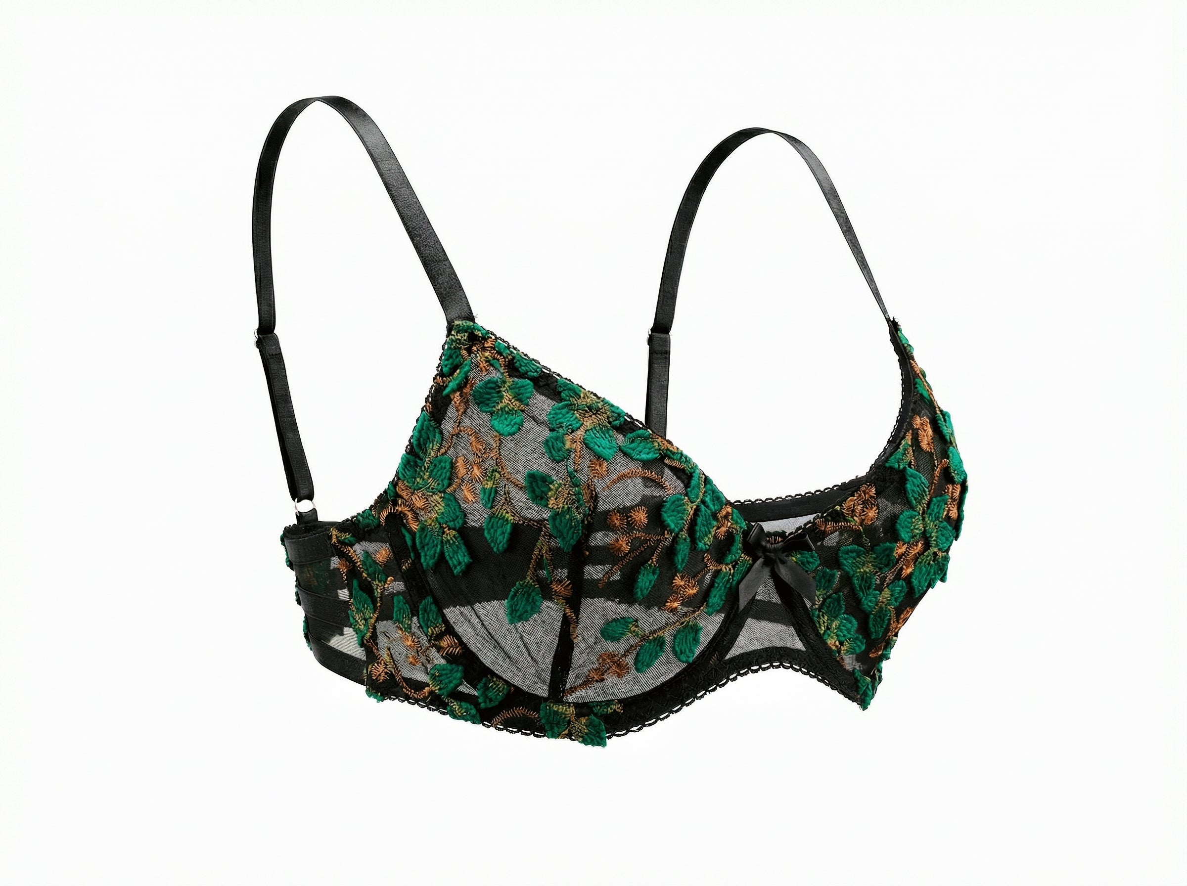 Velvet Fluxe Emerald Muse forest green floral embroidered lingerie set with sheer mesh and underwire support.