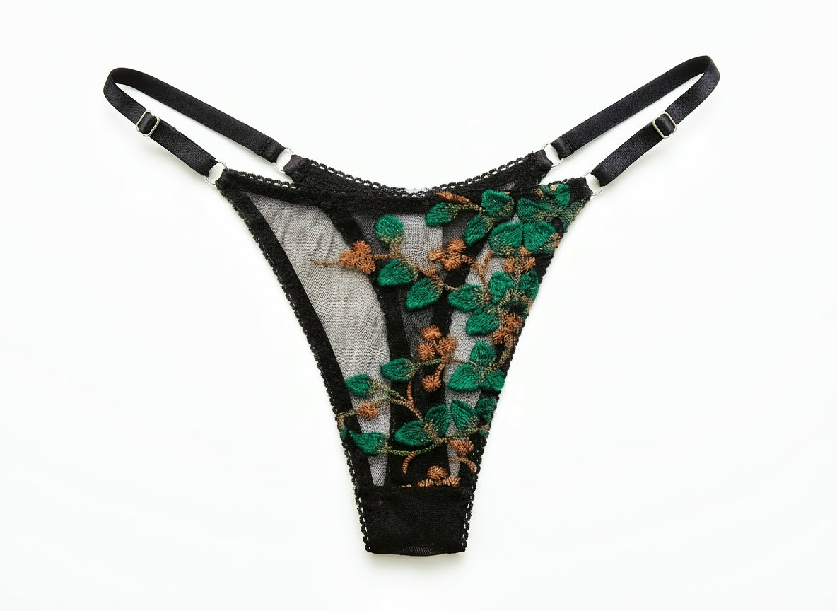 Velvet Fluxe Emerald Muse forest green floral embroidered lingerie set with sheer mesh and underwire support.
