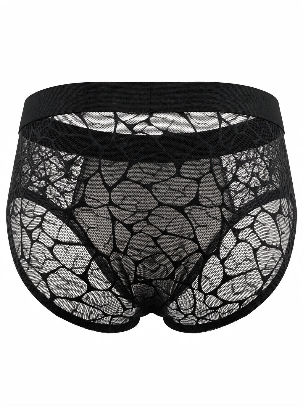 Ghost mannequin back view of the black men's brief, highlighting the sensual semi-sheer geometric lace pattern and comfortable widened elastic waistband.