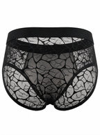 Ghost mannequin back view of the black men's brief, highlighting the sensual semi-sheer geometric lace pattern and comfortable widened elastic waistband.