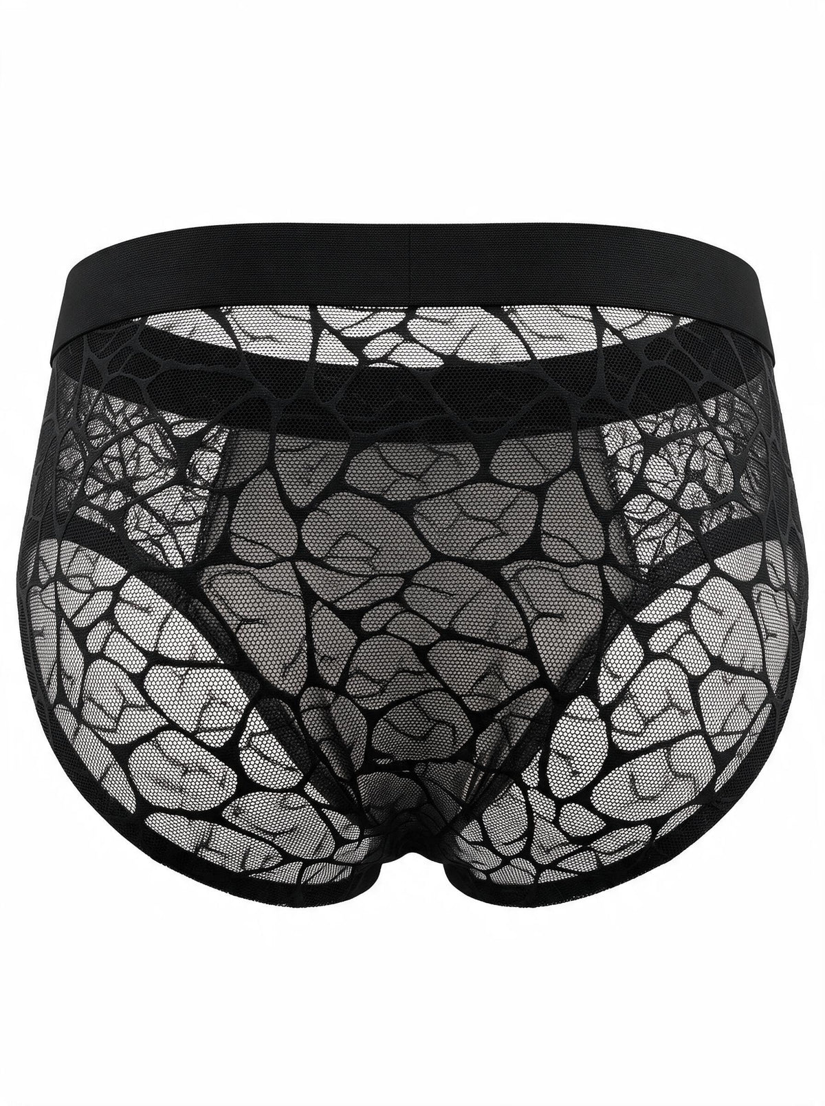 Ghost mannequin back view of the black men's brief, highlighting the sensual semi-sheer geometric lace pattern and comfortable widened elastic waistband.