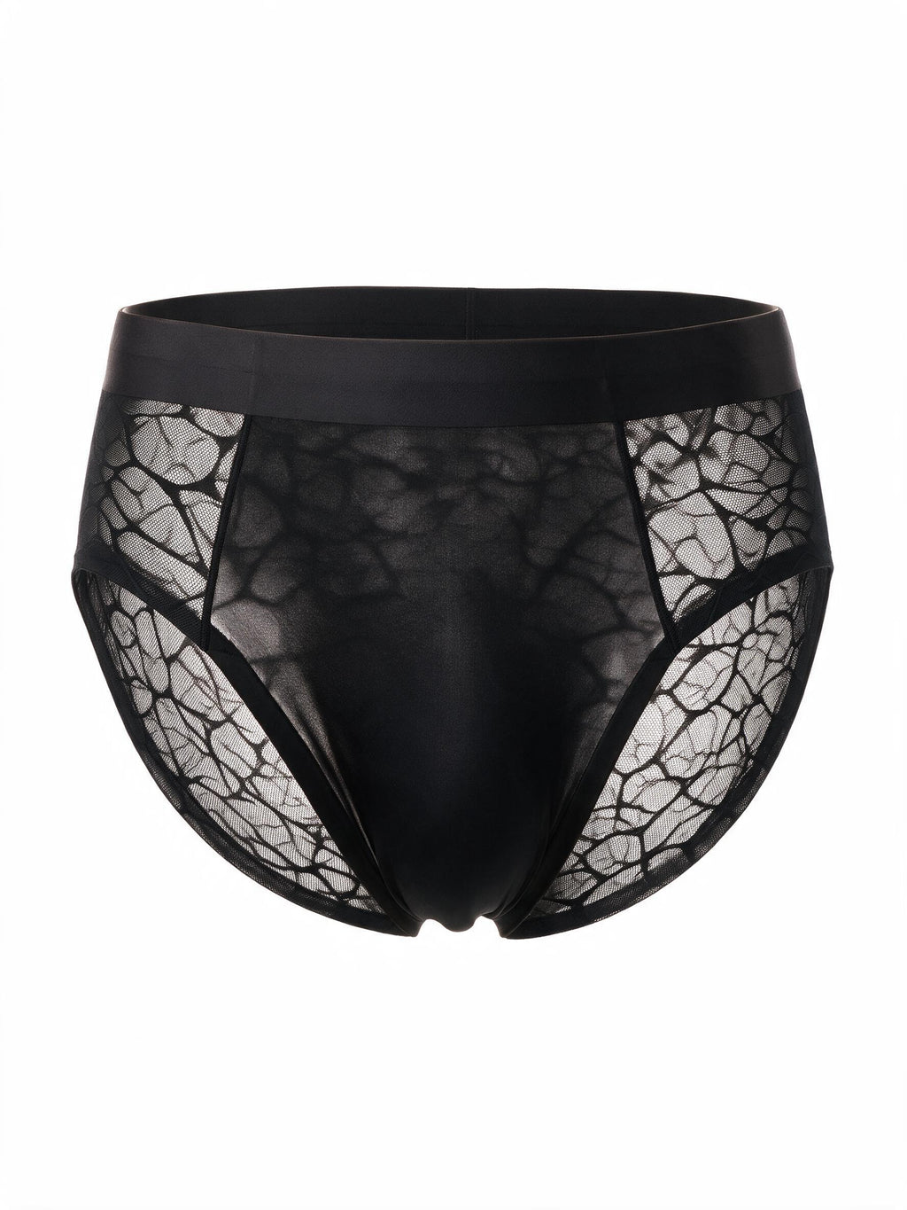 Ghost mannequin front view of the black sheer ice silk men's brief, displaying a light-luxury satin lined pouch and geometric lace on a white background.
