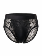 Ghost mannequin front view of the black sheer ice silk men's brief, displaying a light-luxury satin lined pouch and geometric lace on a white background.