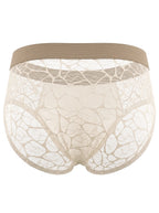 Ghost mannequin back view of the sheer Sand Beige men's brief, detailing the intricate geometric lace pattern and tonal elastic waistband on a pure white background.
