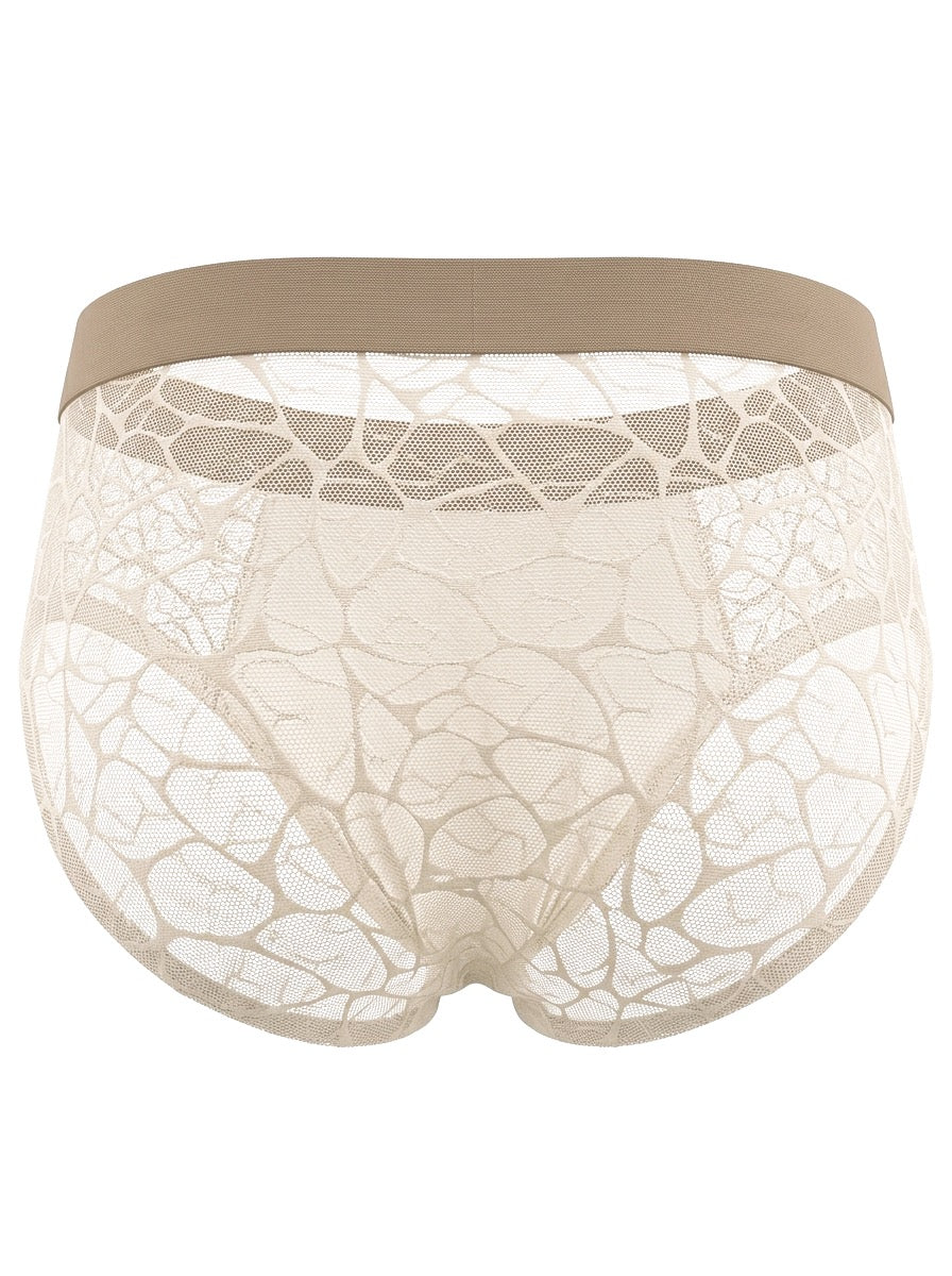 Ghost mannequin back view of the sheer Sand Beige men's brief, detailing the intricate geometric lace pattern and tonal elastic waistband on a pure white background.