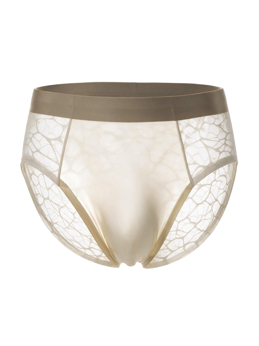 Ghost mannequin front view of the Sand Beige men's brief, displaying a smooth cooling front pouch and sheer geometric lace sides on a pure white background.