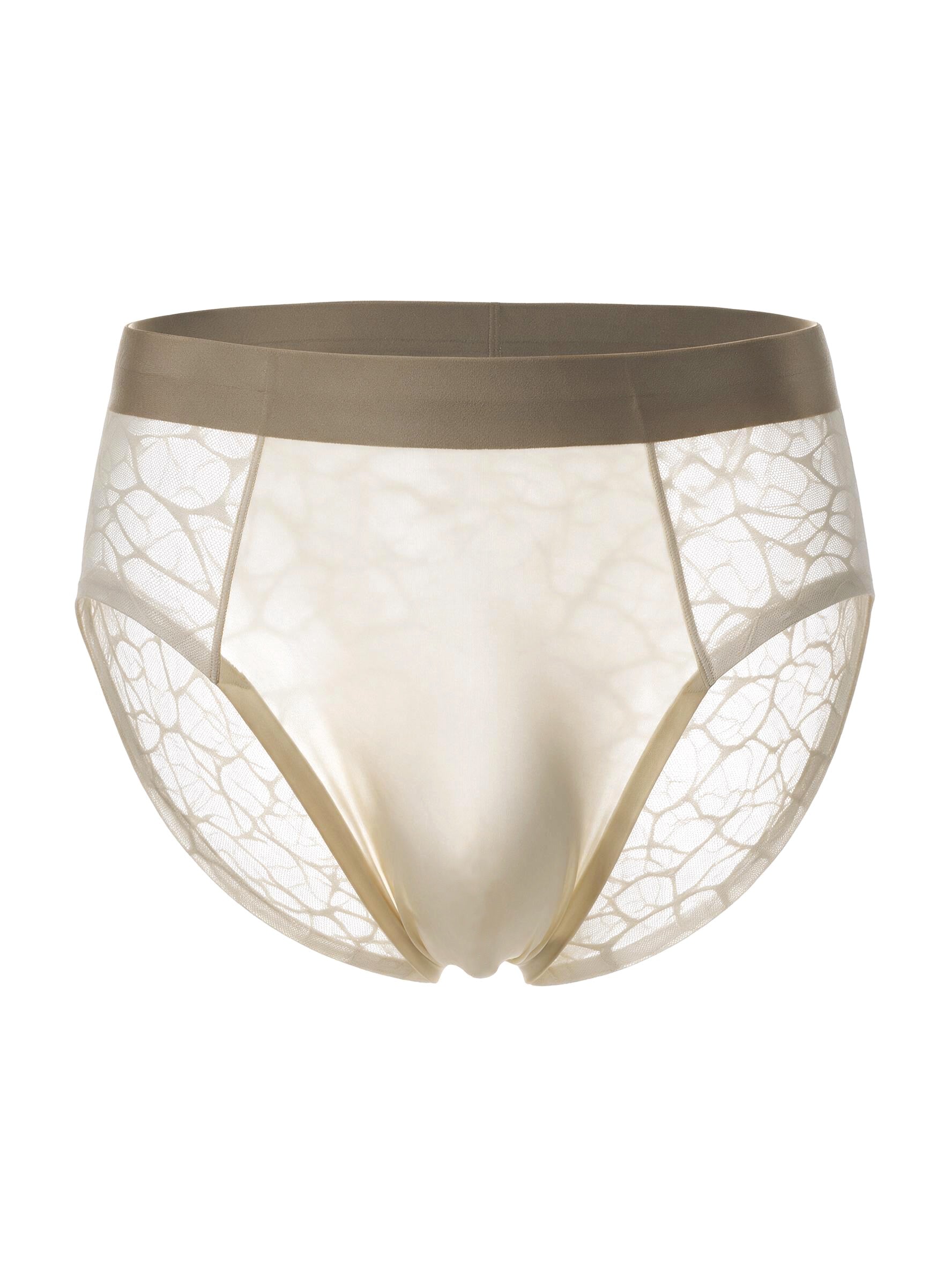 Ghost mannequin front view of the Sand Beige men's brief, displaying a smooth cooling front pouch and sheer geometric lace sides on a pure white background.