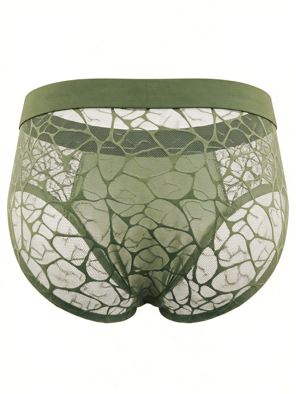 Ghost mannequin back view of the Matcha Green men's brief, highlighting the sensual semi-sheer geometric lace pattern and comfortable widened elastic waistband.