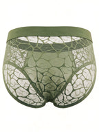 Ghost mannequin back view of the Matcha Green men's brief, highlighting the sensual semi-sheer geometric lace pattern and comfortable widened elastic waistband.