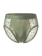 Ghost mannequin front view of the Matcha Green sheer ice silk men's brief, displaying a light-luxury satin lined pouch and geometric lace on a white background.