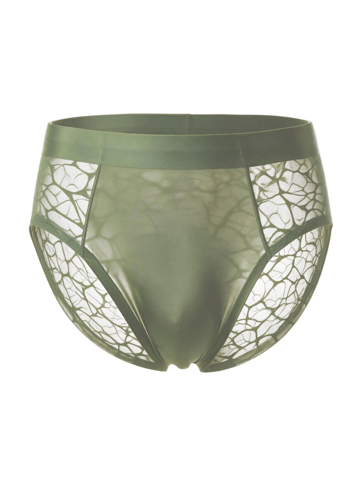 Ghost mannequin front view of the Matcha Green sheer ice silk men's brief, displaying a light-luxury satin lined pouch and geometric lace on a white background.