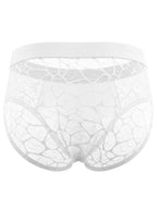 Ghost mannequin back view of the Pure White men's brief, detailing the intricate geometric sheer lace pattern and wide anti-roll elastic waistband on a white background.
