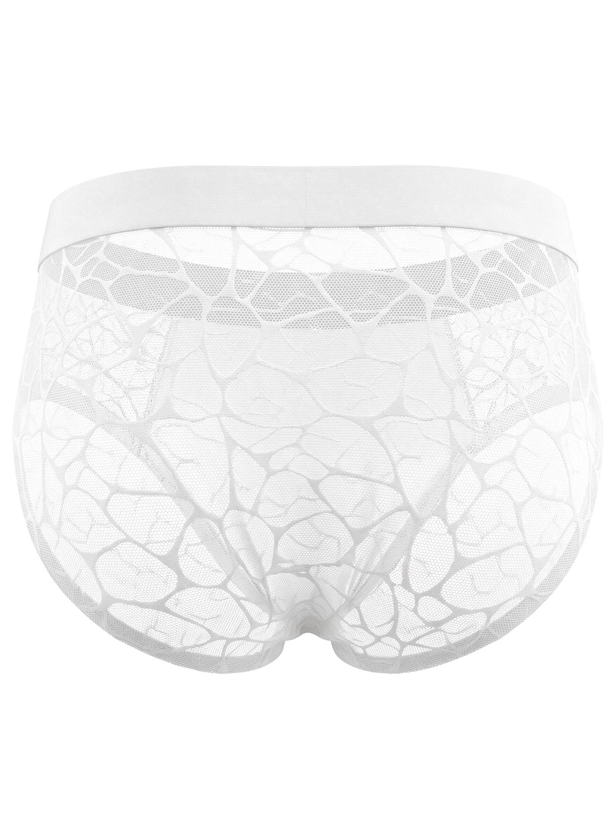 Ghost mannequin back view of the Pure White men's brief, detailing the intricate geometric sheer lace pattern and wide anti-roll elastic waistband on a white background.