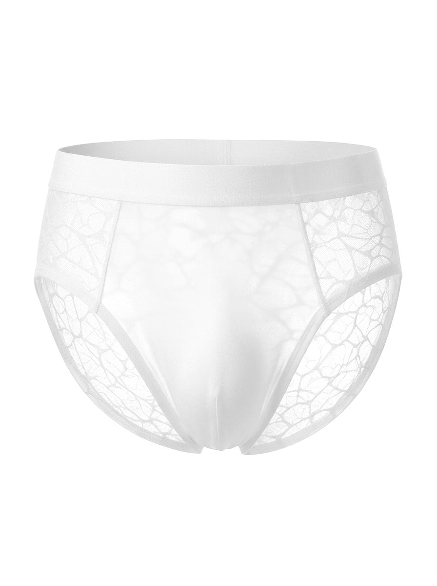 Ghost mannequin front view of the Pure White sheer ice silk men's brief, displaying a cooling front pouch and geometric lace side panels on a white background.