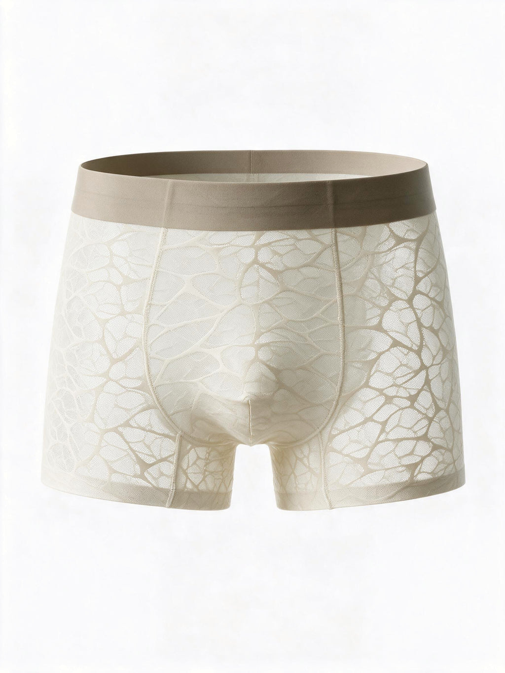 Flat lay front view of the ILLUSION white men's beige sheer ice silk boxer briefs, showing the transparent webbed mesh pattern and comfortable elastic waistband.