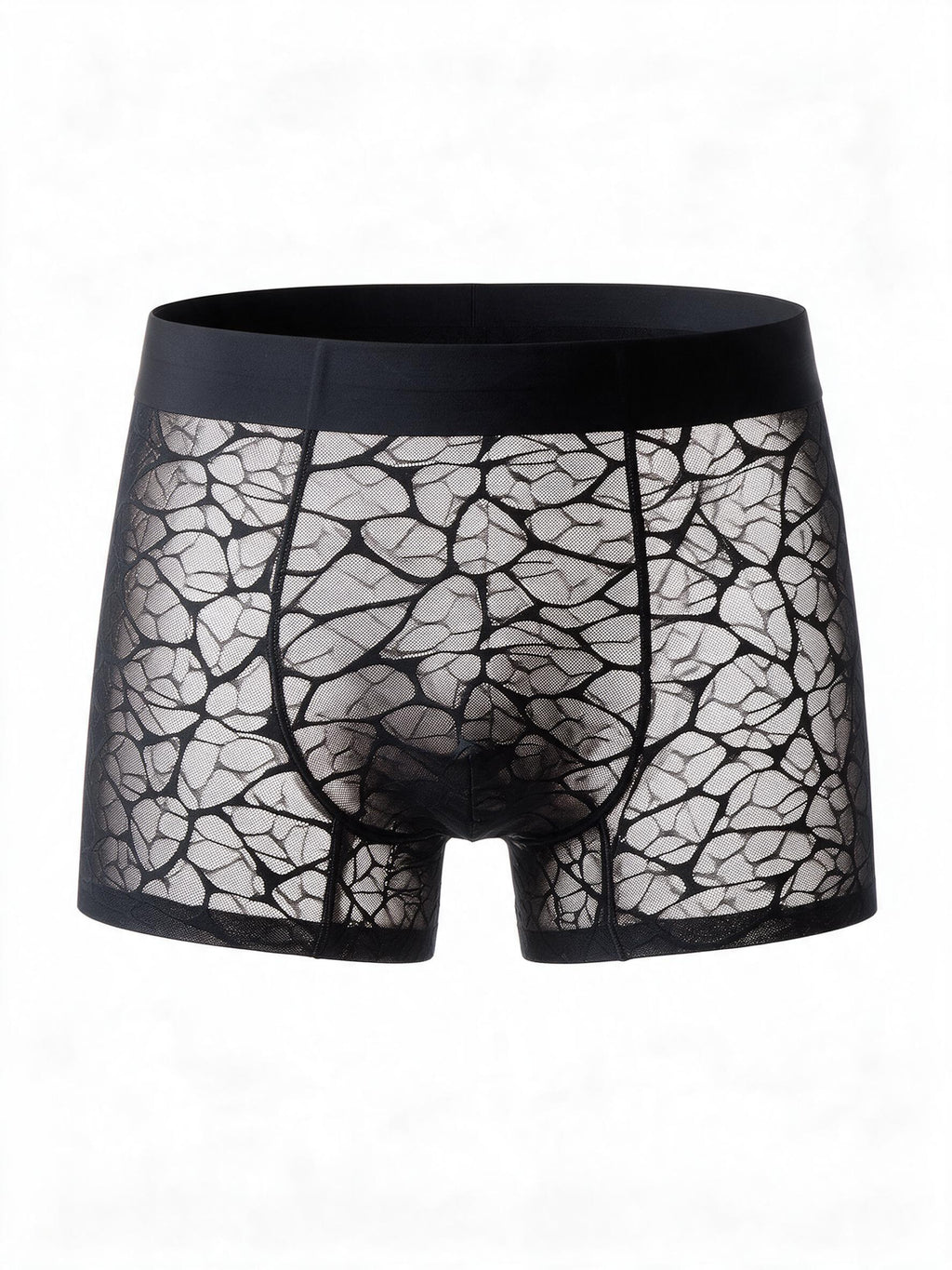 Flat lay front view of the ILLUSION black men's beige sheer ice silk boxer briefs, showing the transparent webbed mesh pattern and comfortable elastic waistband.