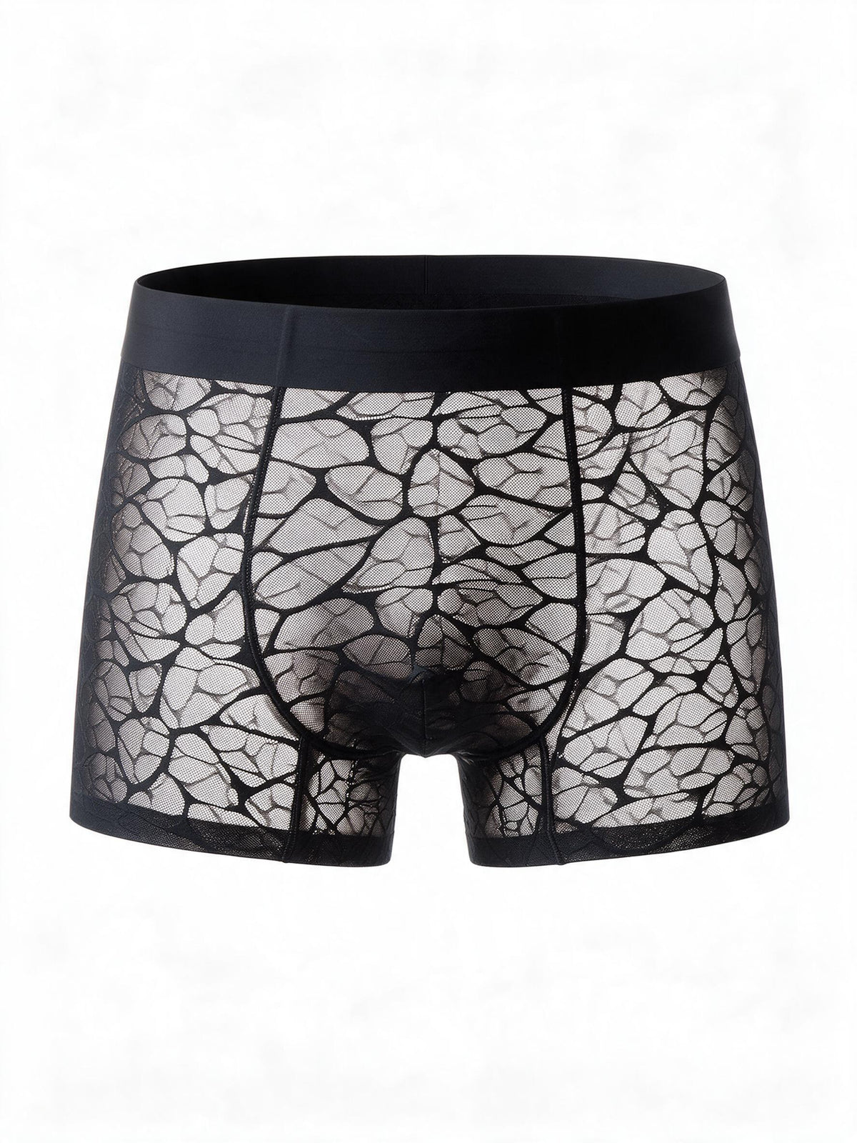 Flat lay front view of the ILLUSION black men's beige sheer ice silk boxer briefs, showing the transparent webbed mesh pattern and comfortable elastic waistband.
