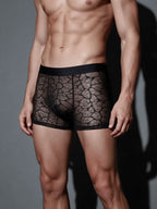 Front view of an athletic male model, wearing the Velvet Fluxe ILLUSION black ultra-thin sheer boxer briefs, demonstrating a comfortable bare-sensation fit.