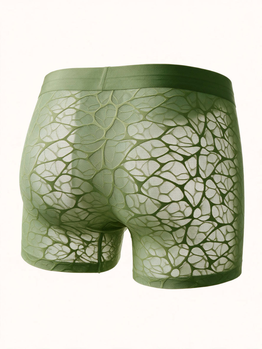Flat lay back view of the ILLUSION matcha green sheer lace trunks in apricot, highlighting the seamless, ultra-thin, and breathable fabric design.