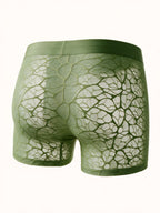 Flat lay back view of the ILLUSION matcha green sheer lace trunks in apricot, highlighting the seamless, ultra-thin, and breathable fabric design.