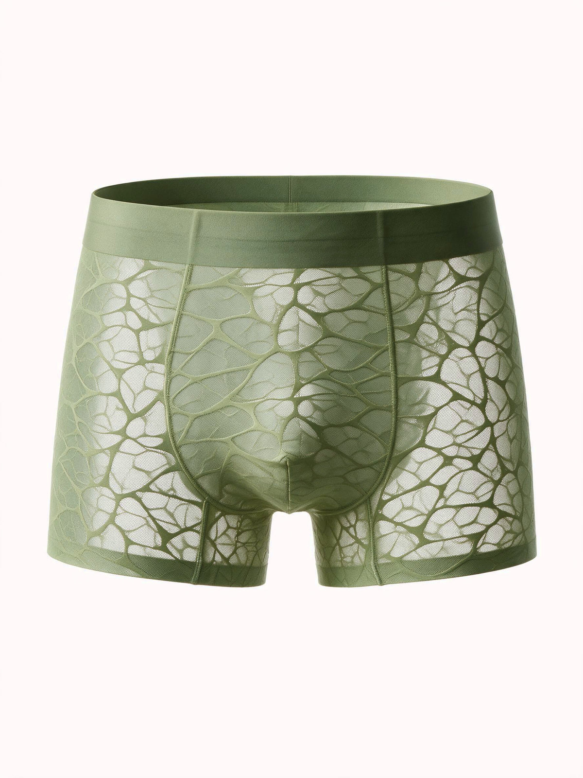 Flat lay front view of the ILLUSION matcha green men's beige sheer ice silk boxer briefs, showing the transparent webbed mesh pattern and comfortable elastic waistband.
