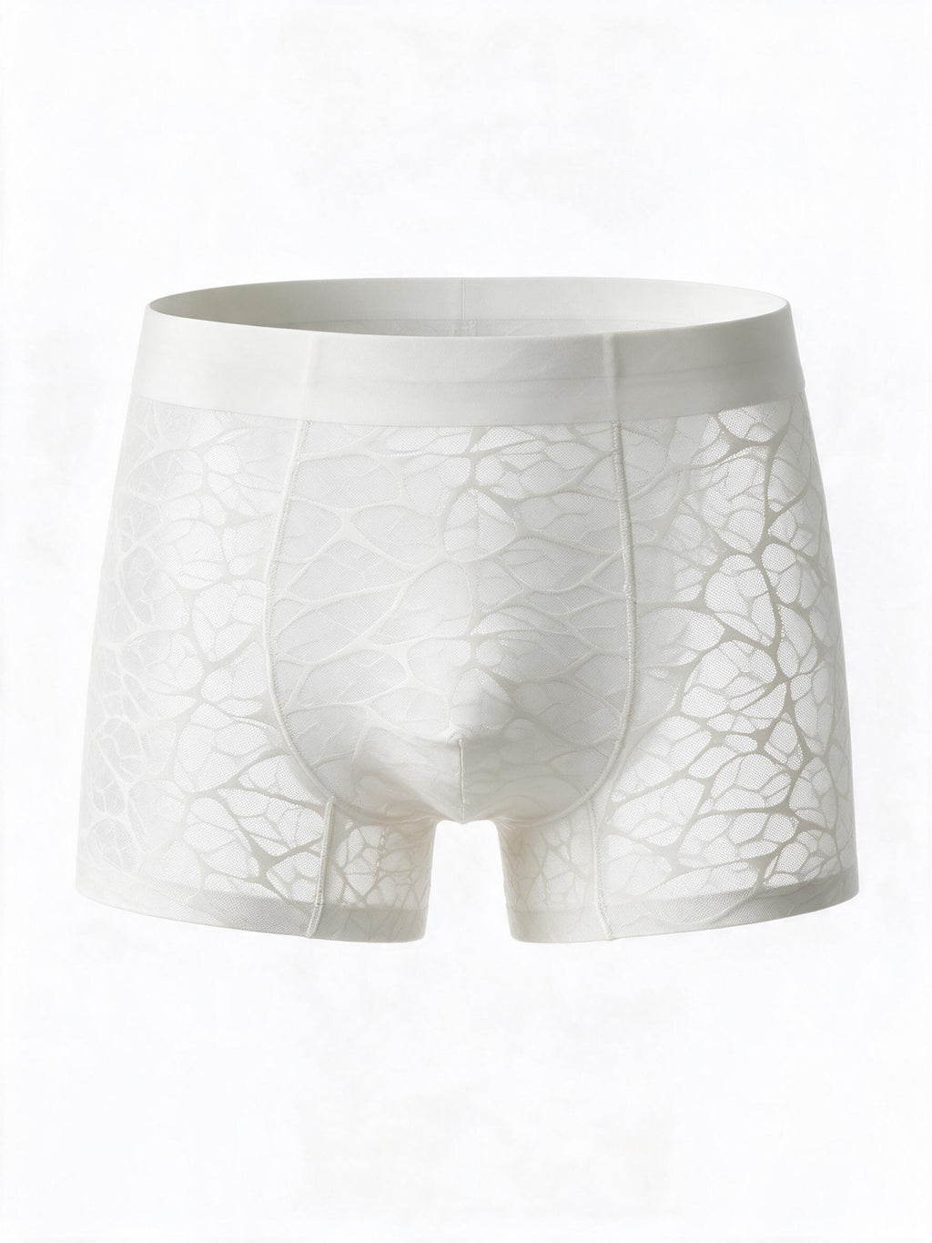 Flat lay front view of the ILLUSION white men's apricot sheer ice silk boxer briefs, showing the transparent webbed mesh pattern and comfortable elastic waistband.
