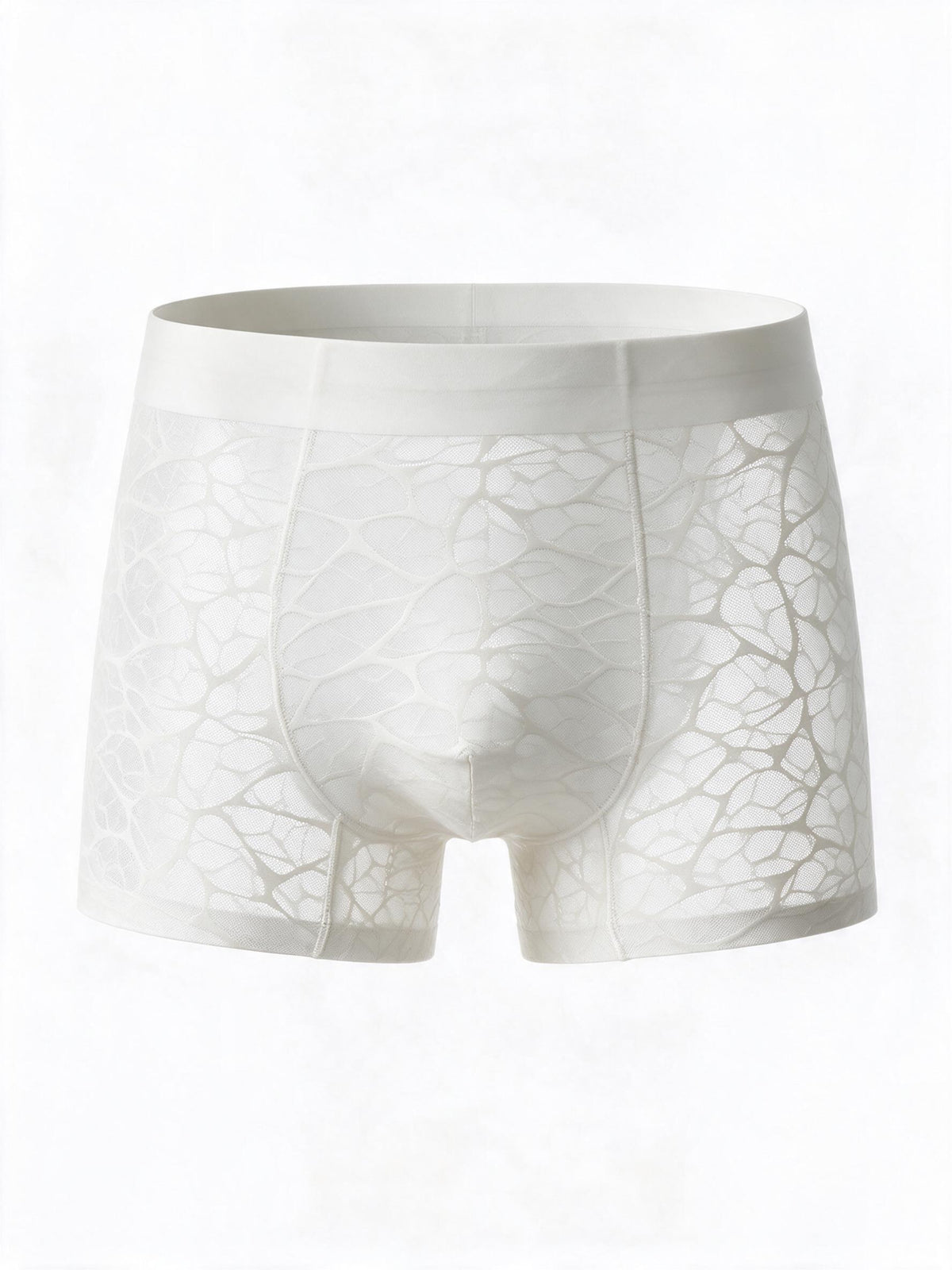 Flat lay front view of the ILLUSION white men's apricot sheer ice silk boxer briefs, showing the transparent webbed mesh pattern and comfortable elastic waistband.
