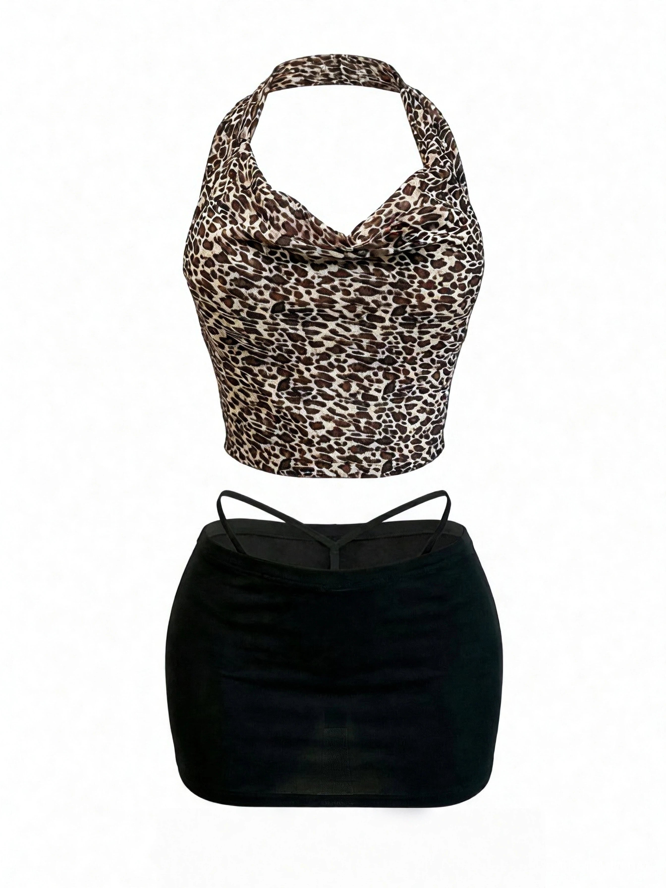 Velvet Fluxe Leo sheer leopard print halter neck bodysuit with cut-out details, luxury animal print intimate apparel.