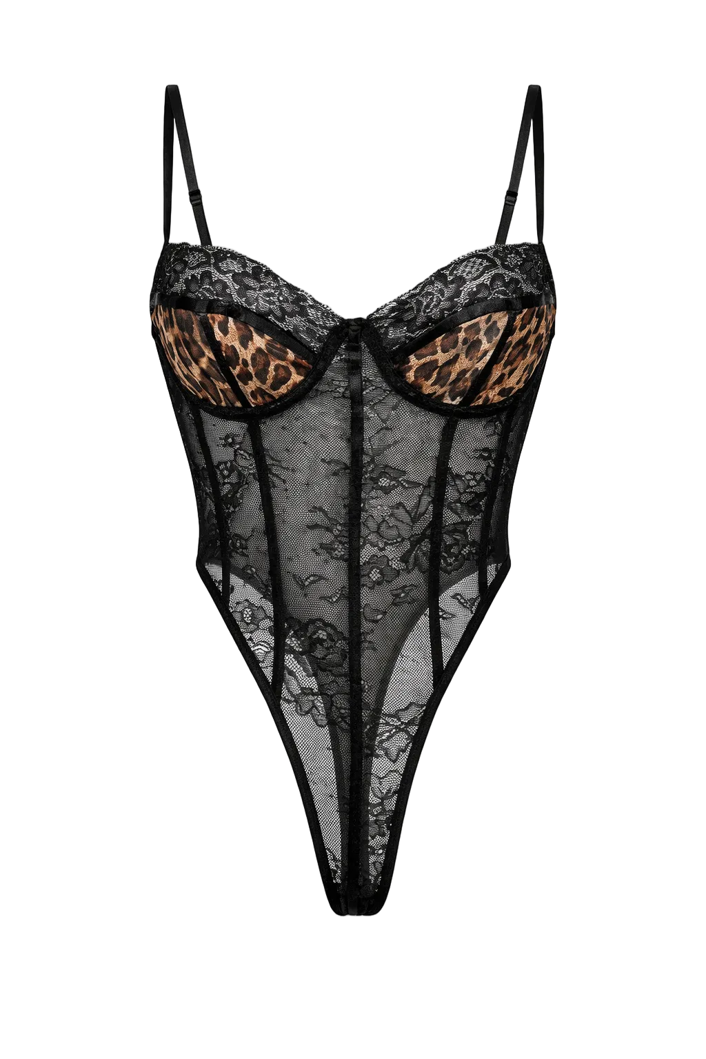 Velvet Fluxe Leo leopard print silk and black lace underwire bodysuit, wild intuition collection.