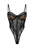 Velvet Fluxe Leo leopard print silk and black lace underwire bodysuit, wild intuition collection.