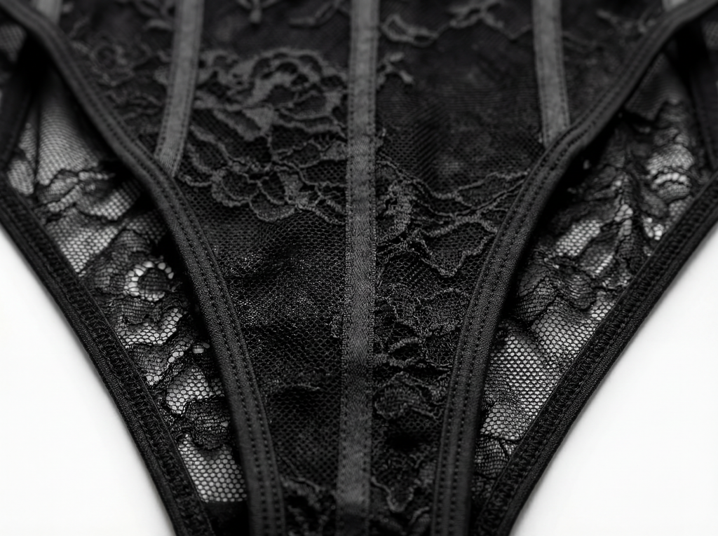 Close-up shot of black lace panties featuring sheer mesh fabric, intricate floral embroidery, and sleek black satin strapping. Detail of elegant women's intimates, high-cut lace underwear, and luxury bodysuit construction.